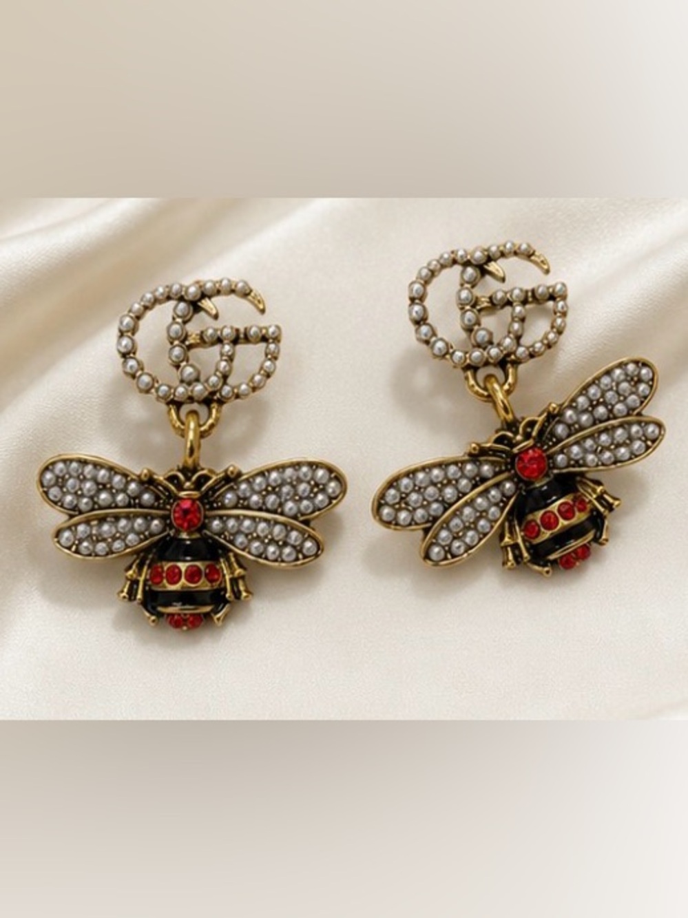 Designer Inspired Pearl Bee Drop Earrings Gold Red Rhinestone - Picture 2 of 6